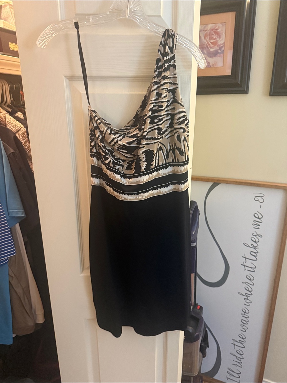 BCBGMaxAzria Black and Cream One-Shoulder Draped Dress
